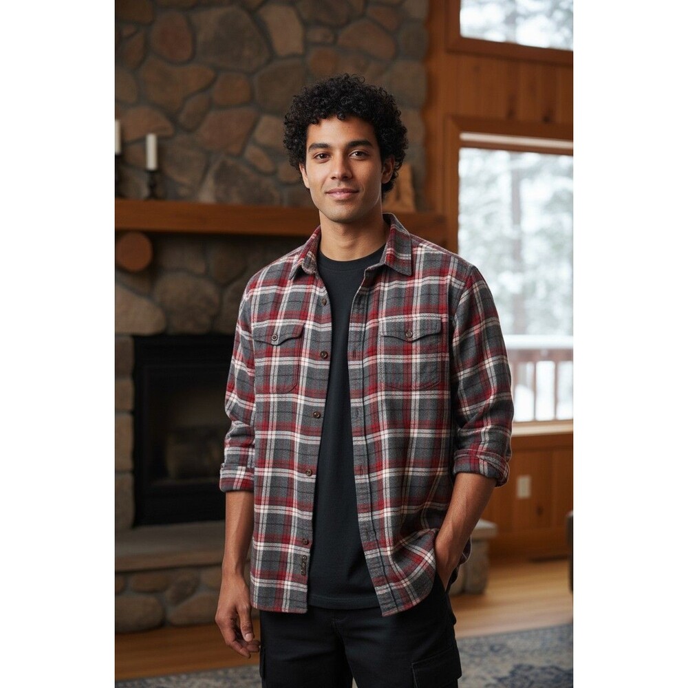 Eddie Bauer Men's Flannel Button Up Shirt Chest Pocket Red & Gray Size L